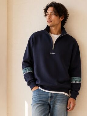 BOSS Quarter Zip Sweatshirt Embroidered Logo Sleeve Stretch Pullover Navy Sz XL